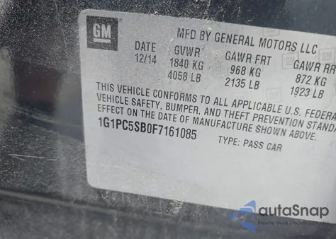 2015 Chevrolet Cruze 1Lt Auto z USA, uszkodzony, nr VIN 1G1PC5SB0F7161085